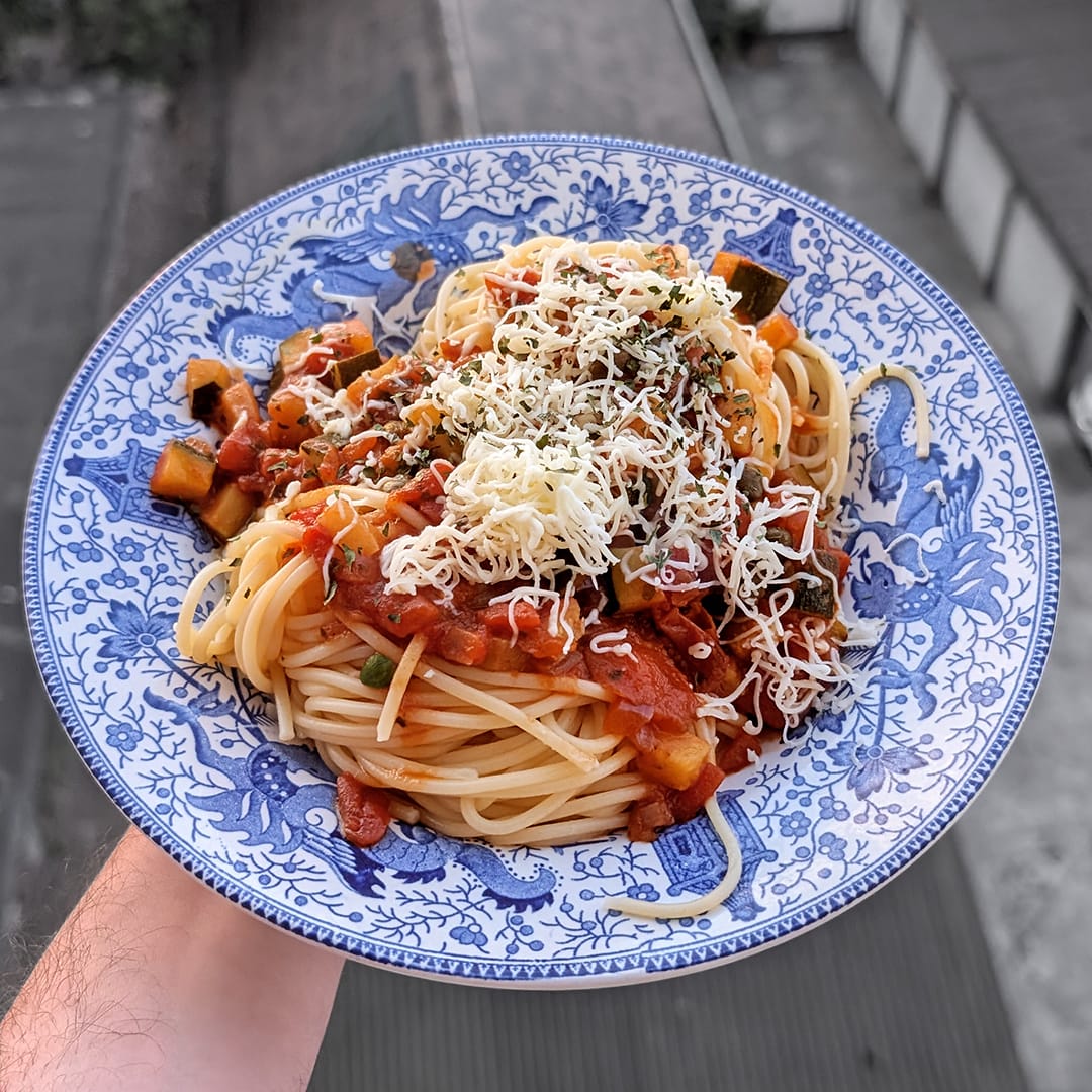 Pasta caponata with aubergine and courgette
